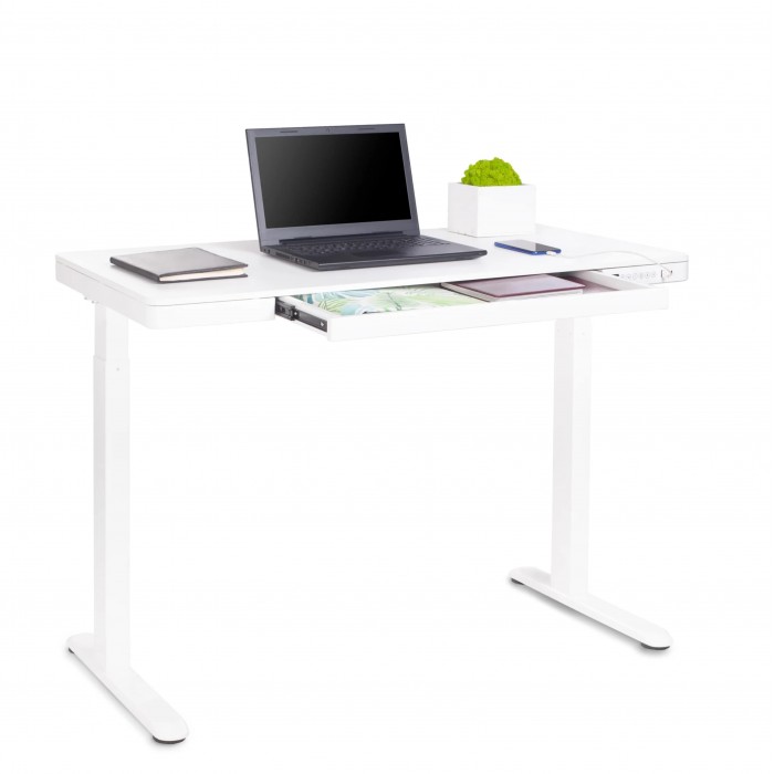 Reguliuojamo aukščio stalas su stalčiumi ir USB įkrovikliu, baltas